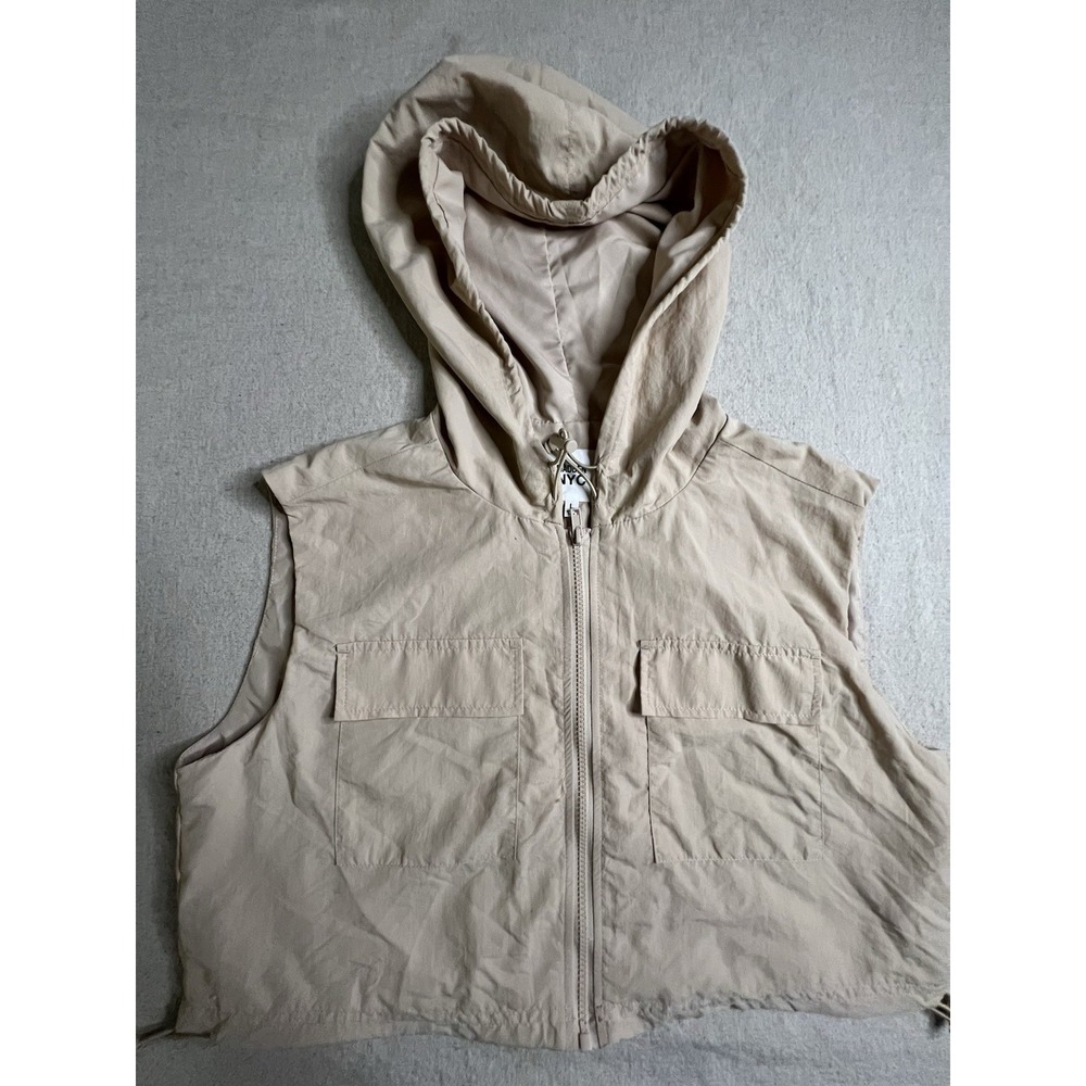 Madden NYC Steve Madden Tan Hooded Utility Vest Brown Full Zip Pockets L
